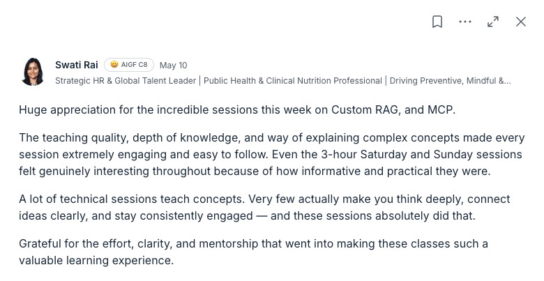 Testimonial from Swati Rai